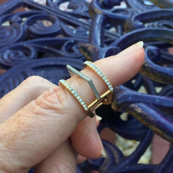 Stainless Steel Two Tone Crystal Art Deco Ring Size 8 - Picture 7 of 10